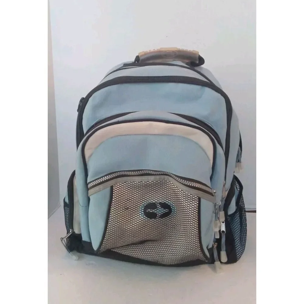 Multi-Pocket‎ Backpack Light Blue Gray Mesh Laptop Bag Multiple Compartments